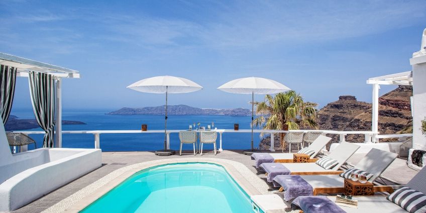 Pool view at Mill Houses Hotel in Santorini, Greece