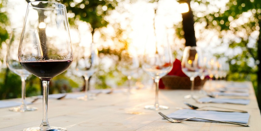 Wine on table in vineyard