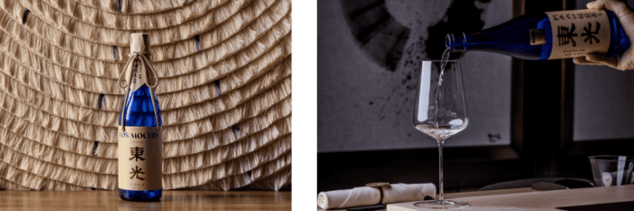 A bottle of Sake and a glass of sake being poured